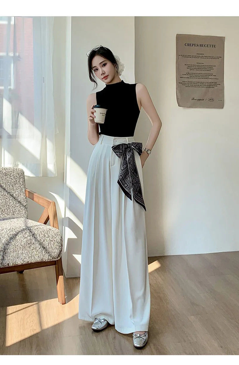 Zoki Chic Lace Up Suit Wide Leg Pant Women Elegant Loose High Waist Bow Trousers Korean Fashion Female Casual Sweet Pants New