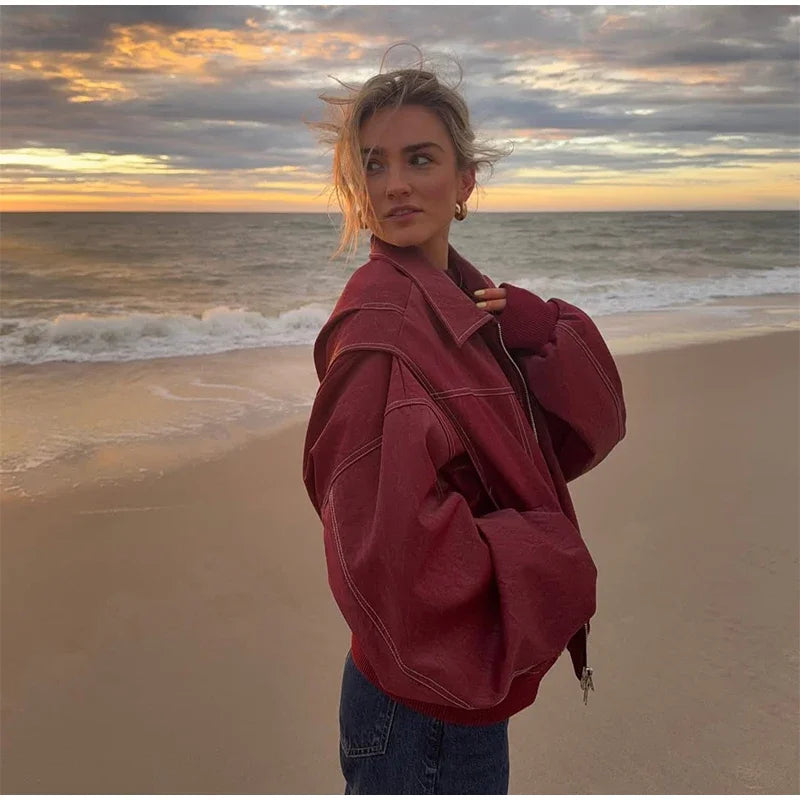 Women's Artificial Leather Short Jacket Retro Red Linen Coat Spliced Zipper Jacket Autumn Women's Lapel Pocket Street Sportswear