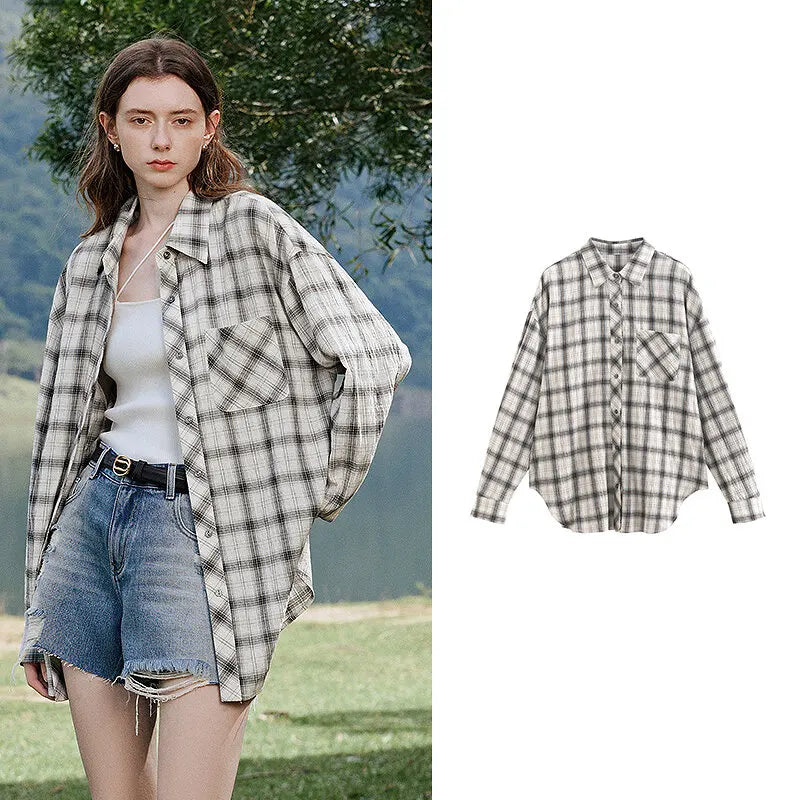TOYOUTH Women Long Sleeve Blouse Shirt 2025 Spring New Cotton Plaid Retro Turn Down Collar Casual Shirt Tops