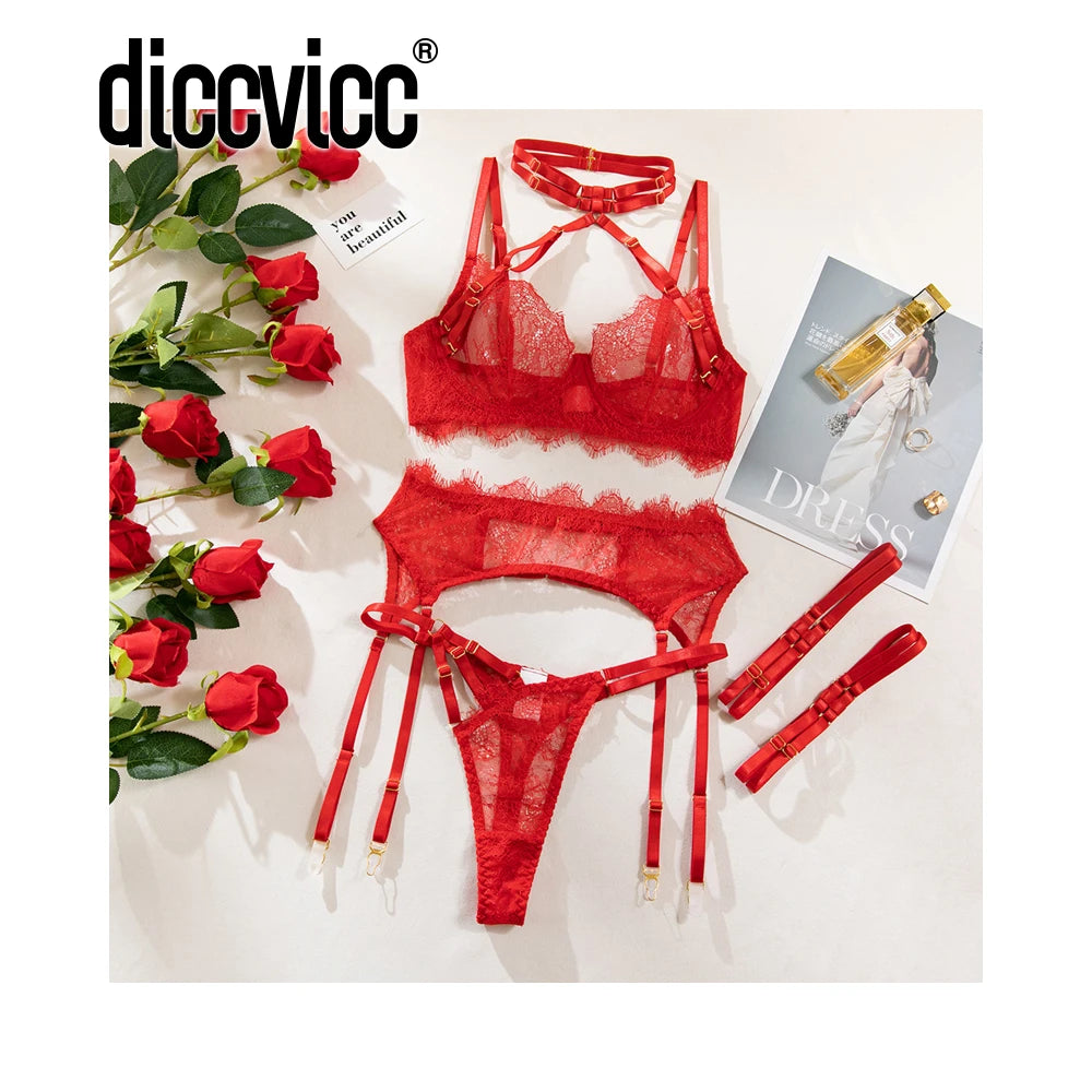 Diccvicc Lingerie Sexy Hot Eyelash Lace Trim Bandage Bra Garter Belts with Underwear Panty Transparent Intimacy Wear Exotic Set