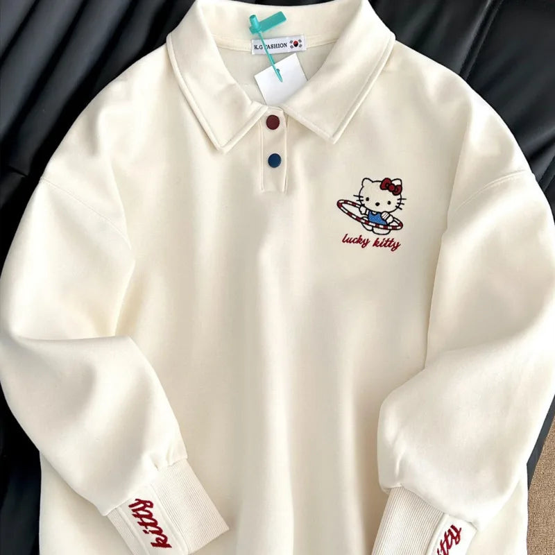 Sanrio Hello Kitty 2025 Spring New Polo Hoodie Women Korean Version Trend Casual Top Y2K Sweet Girl College Style Loose Pullover