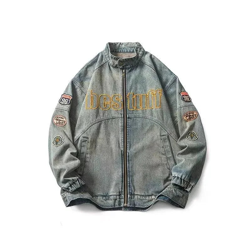 Unisex Embroidered Design Vintage Denim Jacket High Street Loose Coats Hip Hop Stand Collar Baseball Jacket for Women