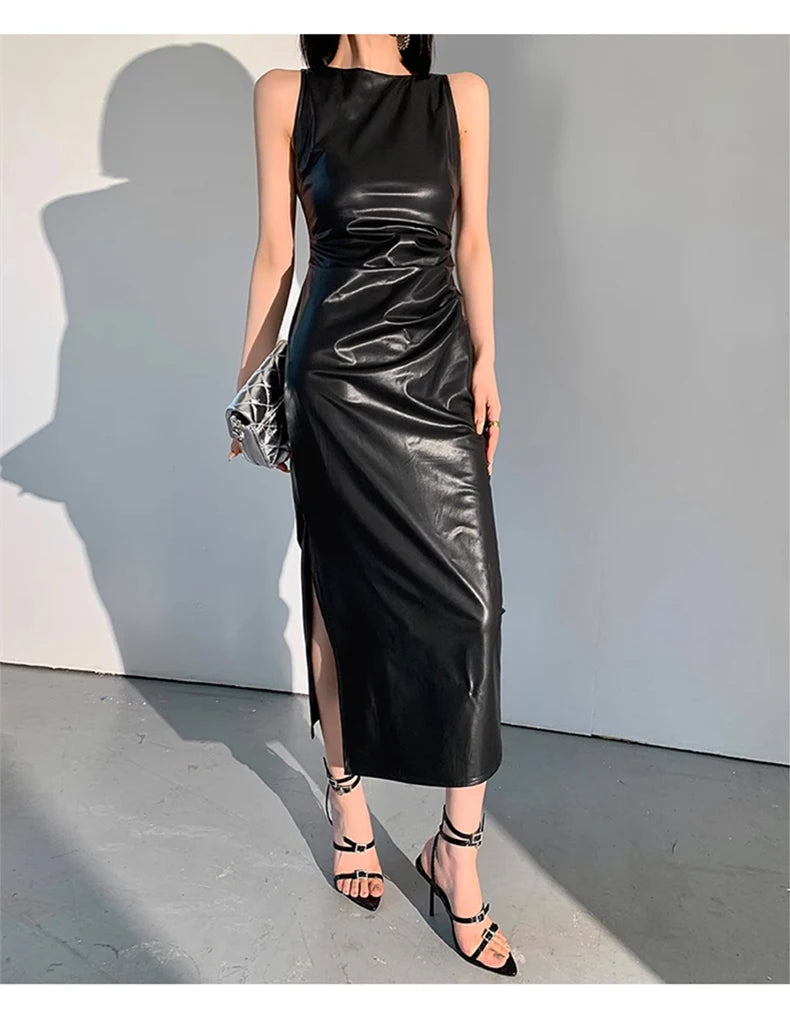 Lautaro Spring Autumn Sleeveless Backless Black Stretchy Blue Soft Faux Leather Midi Tank Dress Women Slim Fit Long Dresses 2023