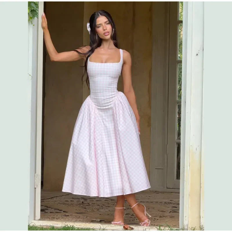 Women Fashion Plaids Pleated High Waist A-line Dress Elegant Sleeveless Backless Slim Long Dresses Summer New Party Streetwear