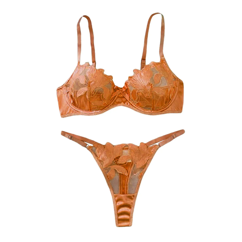 Women'S 2 Piece Lingerie Set Floral Embroidered Lace Sexy Satin Mesh Ingerie Bra And Panty Set Negligee Lingerie Sexy