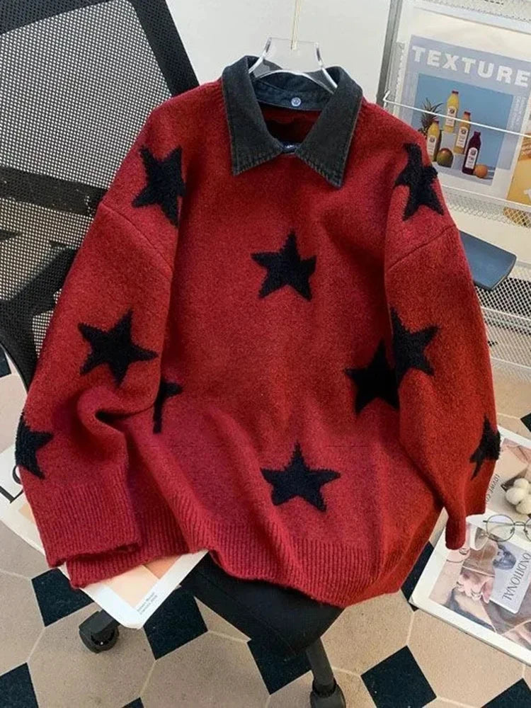 Zoki Star Print Y2K Sweaters Women American Red Patchwork Knitted Jumpers Tops Loose Female Design Turn Down Collar Pullovers