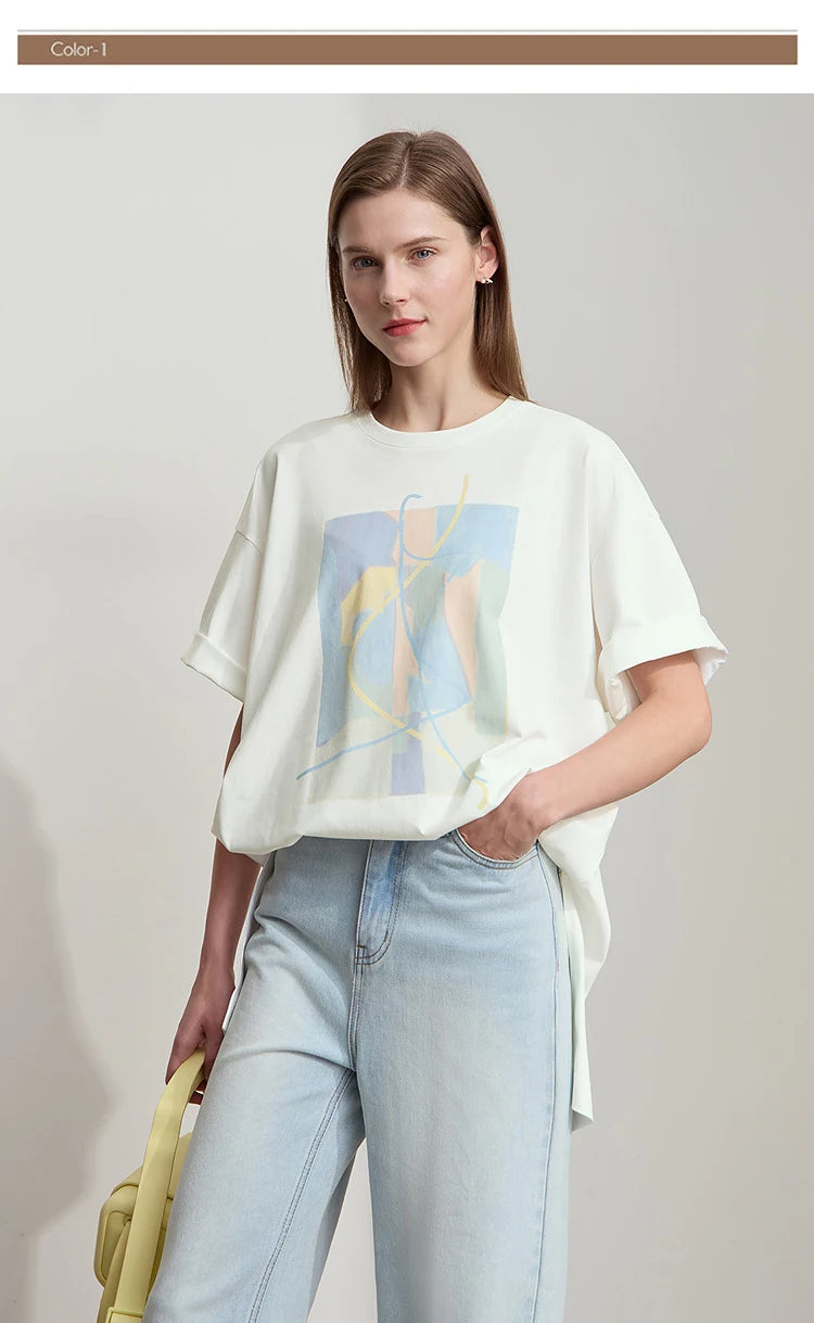 Amii Minimalist Summer T-shirt Women Irregular Design Tops Casual O-neck Abstract Print Loose Dropped Shoulder T-shirt 12522081