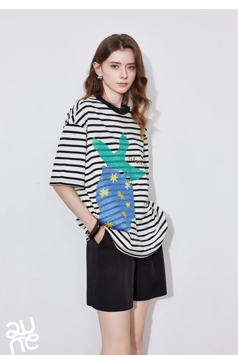 TOYOUTH Women Short Sleeve T-shirt 2025 Spring New Striped Strawberry Embroidered Round Neck Loose Pullover Tops