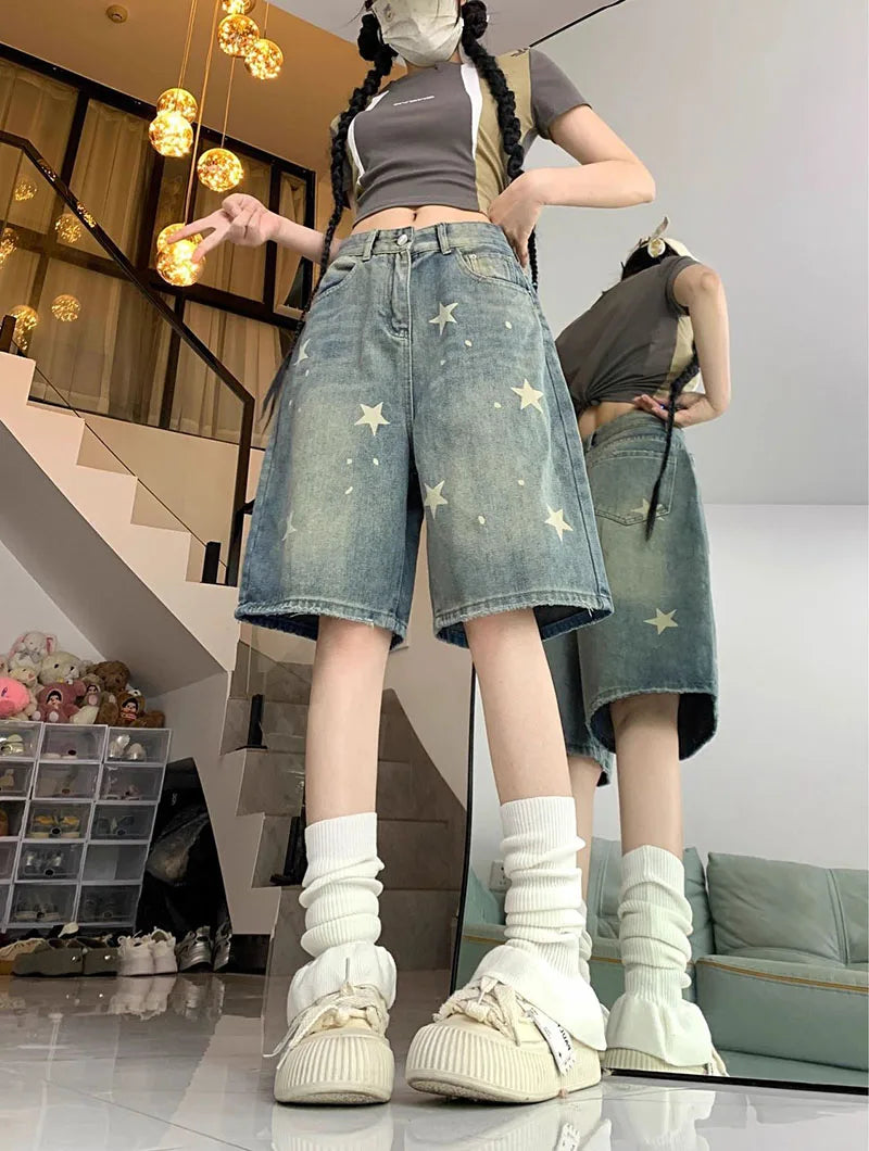 American Style Vintage Women's Short Jeans High Waisted Washed Wide Leg Denim Pants Woman Fashion Do Old Star Knee Length Shorts
