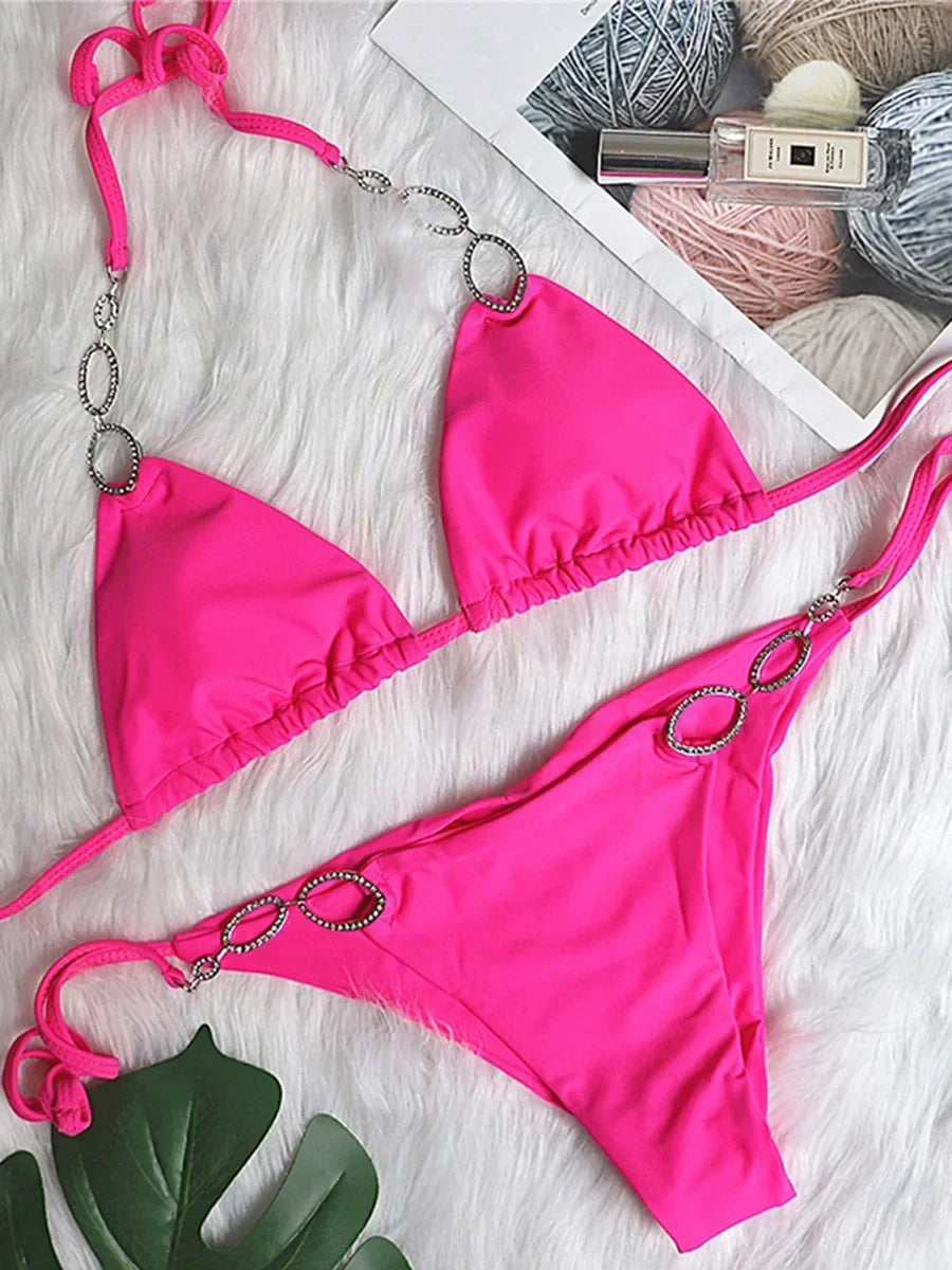 Metal Chains Rhinestones Diamond Bikini Women Swimsuit Female Swimwear Two Pieces Bikini Set Brazilian Bather Bathing Suit Swim
