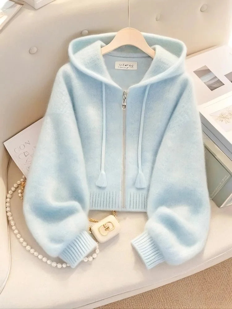 High Quality Yellow Cardigan Sweaters Women Sweet Long Sleeve Hooded Knitted Jacket Cute Loose Preppy Style Kawaii Tops Fall