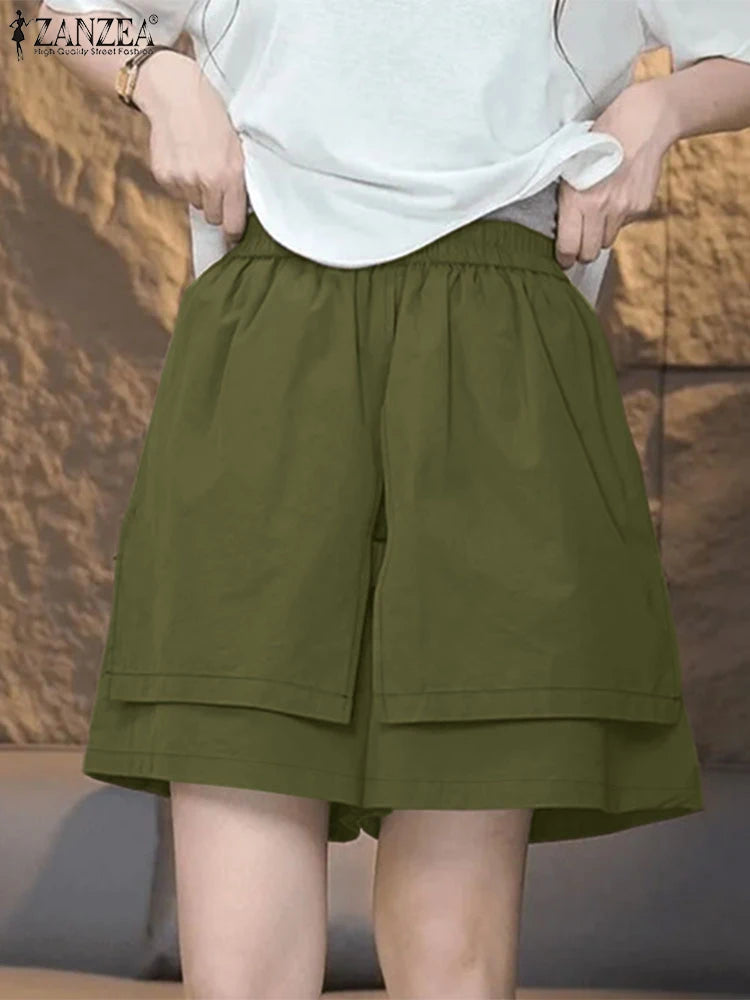 2025 ZANZEA Summer Shorts Women Fashion Casual Elastic Waist Trousers Vintage Holiday Beach Pant Solid Loose Pantalon Plus Size