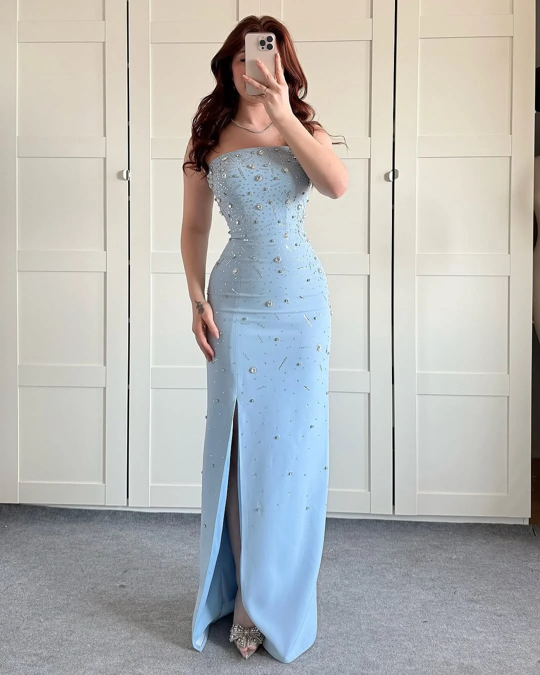Customized Sexy Jersey Crystal Sequined Evening Dresses Temperament Strapless Sleeveless Celebrity Gowns Custom Size Prom Dress