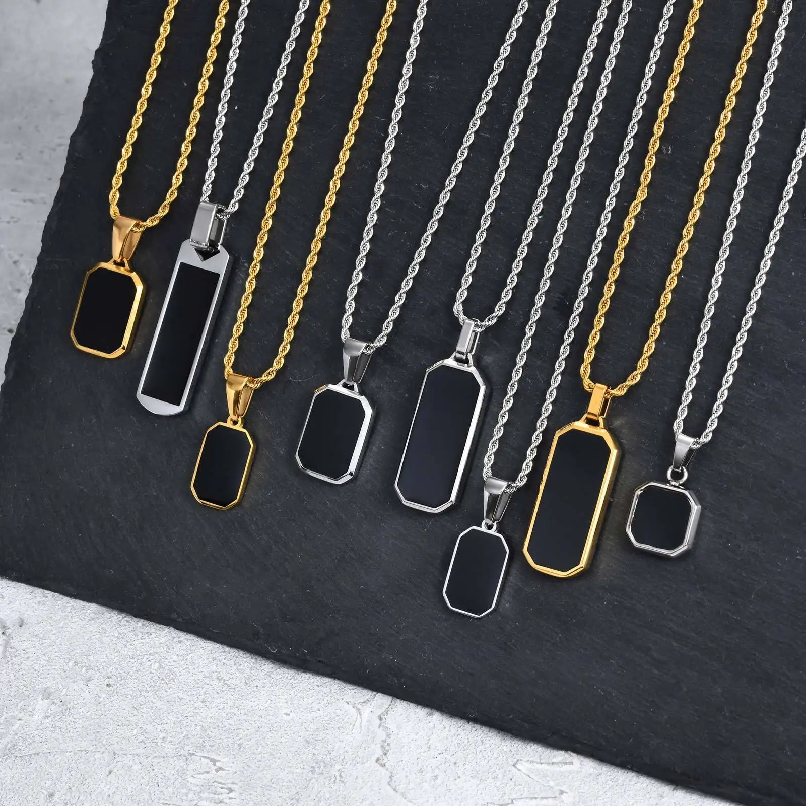 Casual Black Enamel Necklaces for Men,Waterproof Stainless Steel Square Pendant Necklace,Simple Fashion Male Collar Jewelry Gift