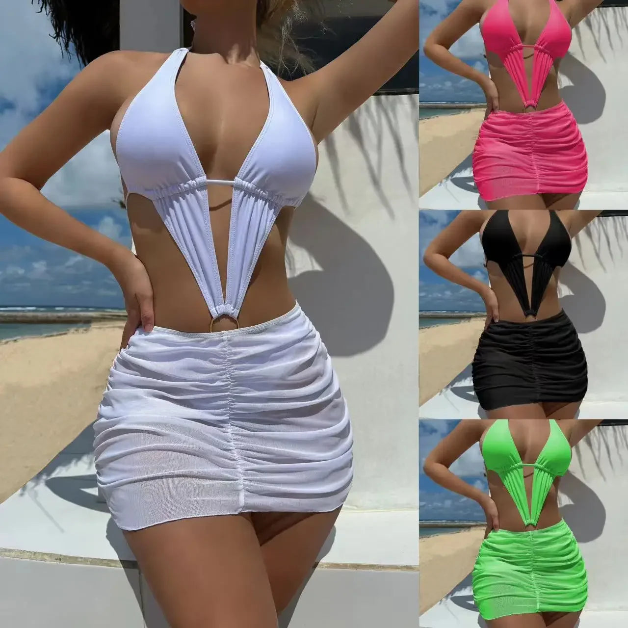 Sexy Hollow out One Piece Pure Color Two Piece Set Swimsuit Bikini Cross Border Sports And Fitness Clothing Accessories