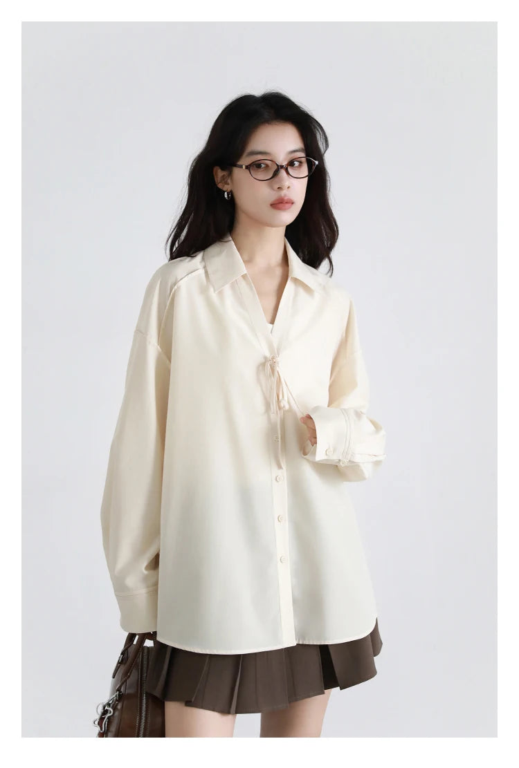 CHIC VEN Women Shirt Loose Casual Solid New Lapel Tie Design Sun Protection Blouses Long Sleeved Female Coat Summer 2025