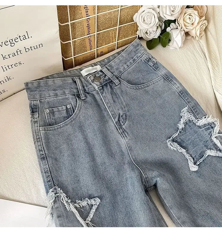 Street Style Embroidered High Waist Straight Leg Jeans Women's Autumn New Design Niche Loose Fit Long Trousers Fashionable