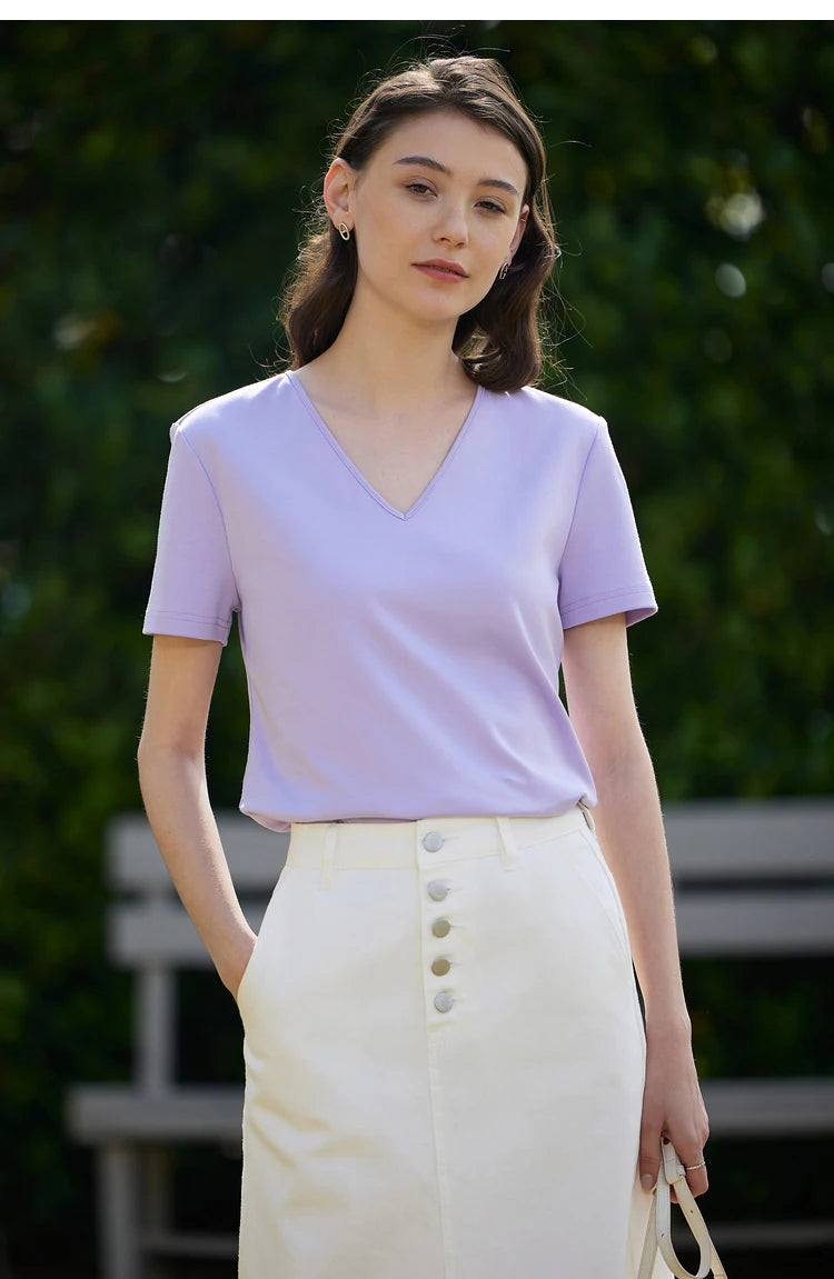 AMII Minimalism 100% Cotton Hollow Out Solid Short Sleeves Tees 2025 Spring New V Neck Top Women Casual Female T Shirt 12342289