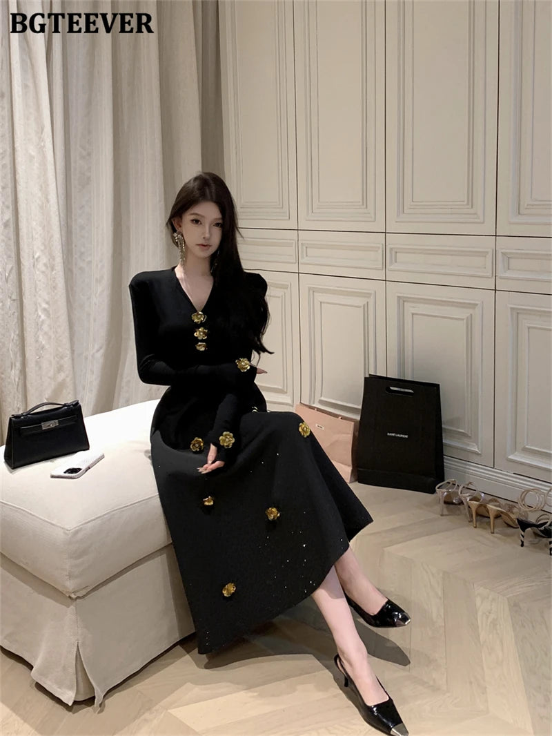 BGTEEVER Spring Elegant Ladies 2 Pieces Skirt Set Long Sleeve V-neck Pullovers & High Waist Loose A-line Skirts Women Outfits