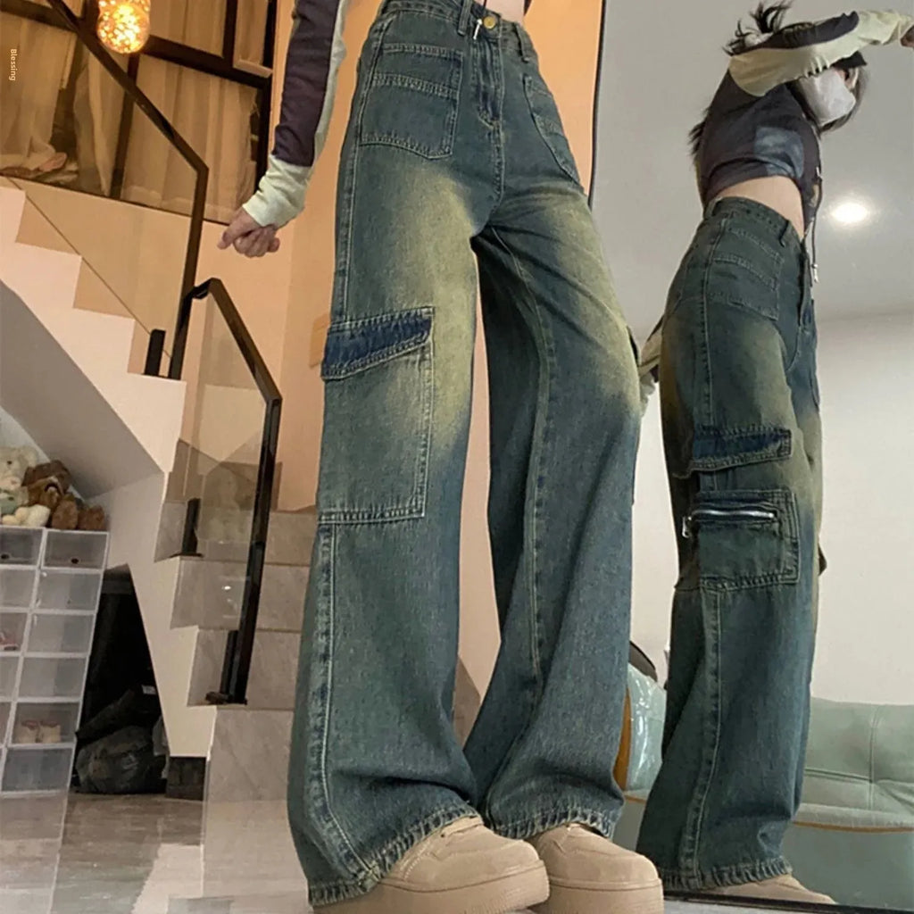 New 2025 American Wide Leg Jeans High Street Workwear Loose High Waist Straight Cut Floor-Length Pants Women's Fashion