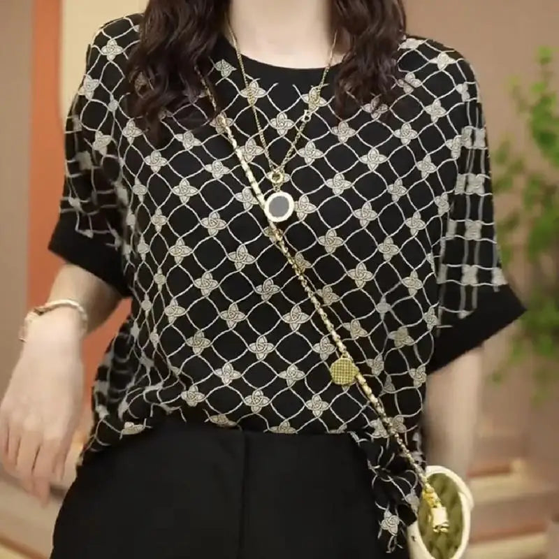 Vintage Fashion Summer Women's O-Neck Printing Screw Thread Patchwork Batwing Sleeve Temperament Versatile Loose T-Shirts Tops