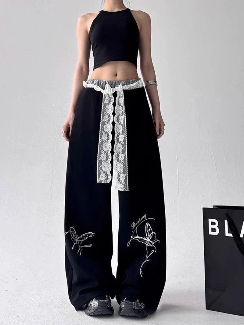 Zoki Vintage Bufferfly Y2K Sweatpants Women Loose High Waist Lace Patchwork Pants Streetwear Retro Casual Bf Harajuku Trousers