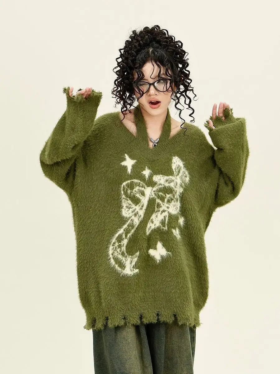 Winter American New Green Bow Neck Sweater Women Loose Print Pattern Vintage High Street Lazy Wind Knitted Sweater