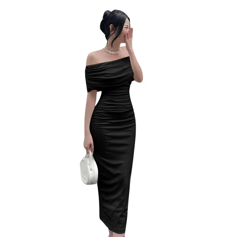 Spring European and American One Shoulder Pleated Dress Slim Fit and Slim Slim Slim Split Bottom Dress Long Dres