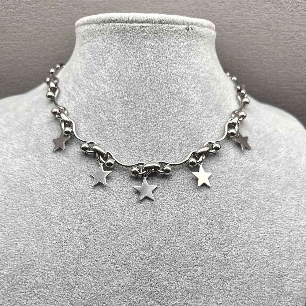 Grunge Fashion Stainless Steel Star Charms Wave Ball Chain Necklace for Women Y2K Harajuku Choker Layed Necklace Emo Jewelry