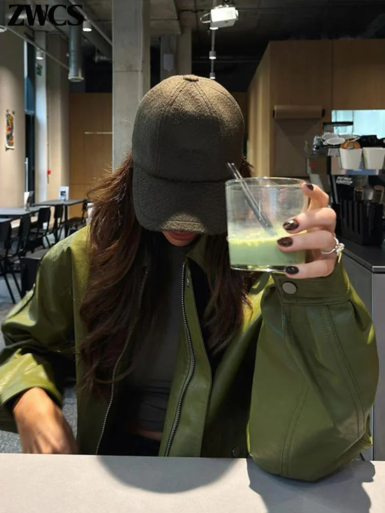 Fashion Green PU Leather Jacket Women Laple Zipper Loose Full Sleeve Single Breasted Cropped Coat 2024 New Lady Solid Streetwear