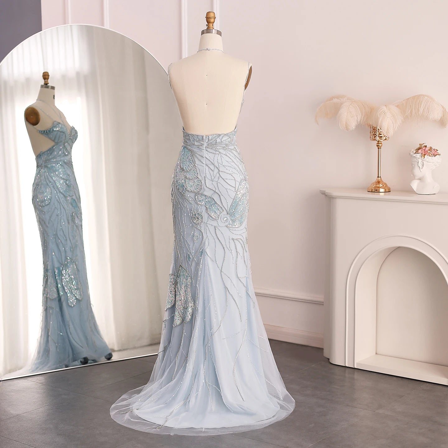 Sharon Said Luxury Mermaid Pink Evening Dresses with Feathers Scarf Straps Dubai Women Blue Wedding Prom Gowns SS478 Customized