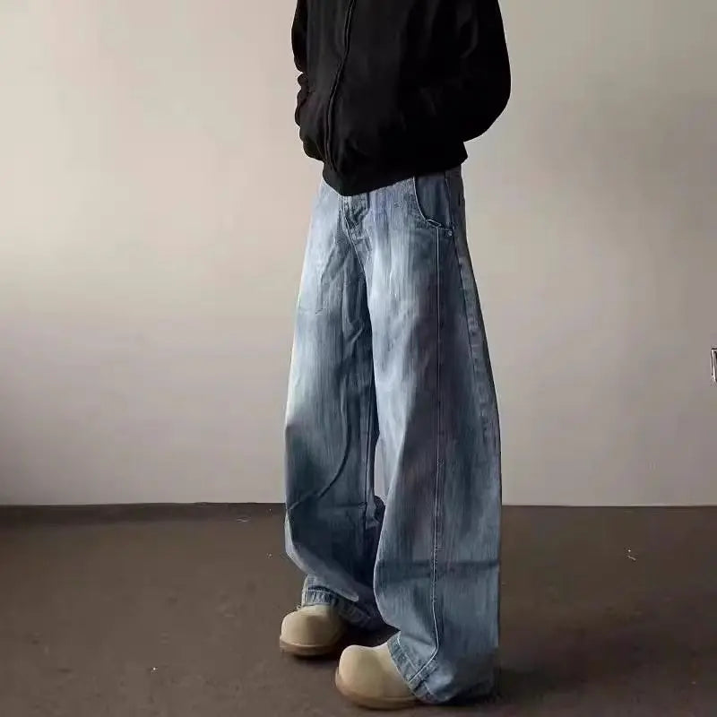 High street American men and women trendy hip-hop washed curved knife jeans for couples loose retro wide leg casual pants y2k