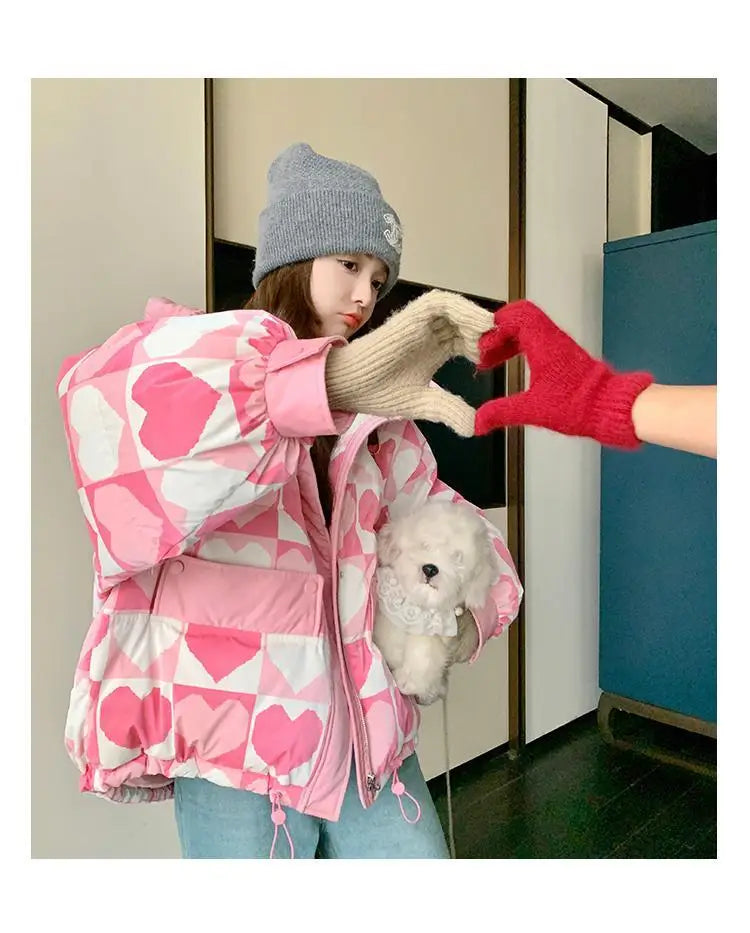 Duck Down Coat for Women, Loose and Thicken Hooded Parkas, Printed Outerwear, Female Bread Jackets, Winter Clothing, New, 2024