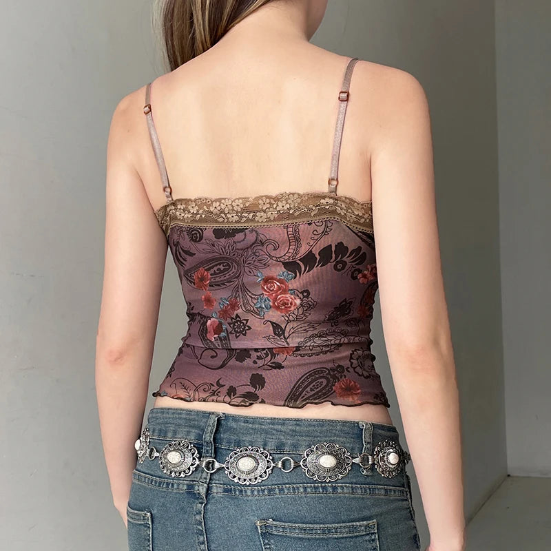Rockmore Vintage Tulle Patchwork Floral Print Camis Women Mesh Lace Cross V Neck Crop Top Y2K Aesthetic Female Backless Corset