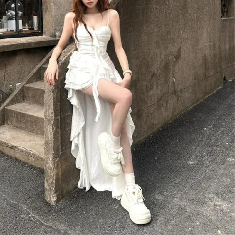 2025 Elegant Ruffle Hem High Low Dress Womens Sleeveless Spaghetti Strap White Gothic Vintage Fairycore Aesthetic Midi Dress