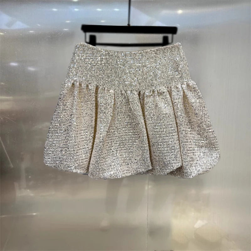 DEAT Fashion Women's Heavy Industry Sequins Skirts For Women Trendy Zipper Wrap Hip Ball Gown Skirt Female Spring New 11A02566