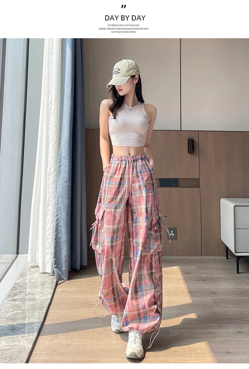 Zoki Women Streetwear Plaid Cargo Pant Vintage Loose High Waist Pockets Trousers Y2K American Casual Hip Hop Lace Up Bf Pants