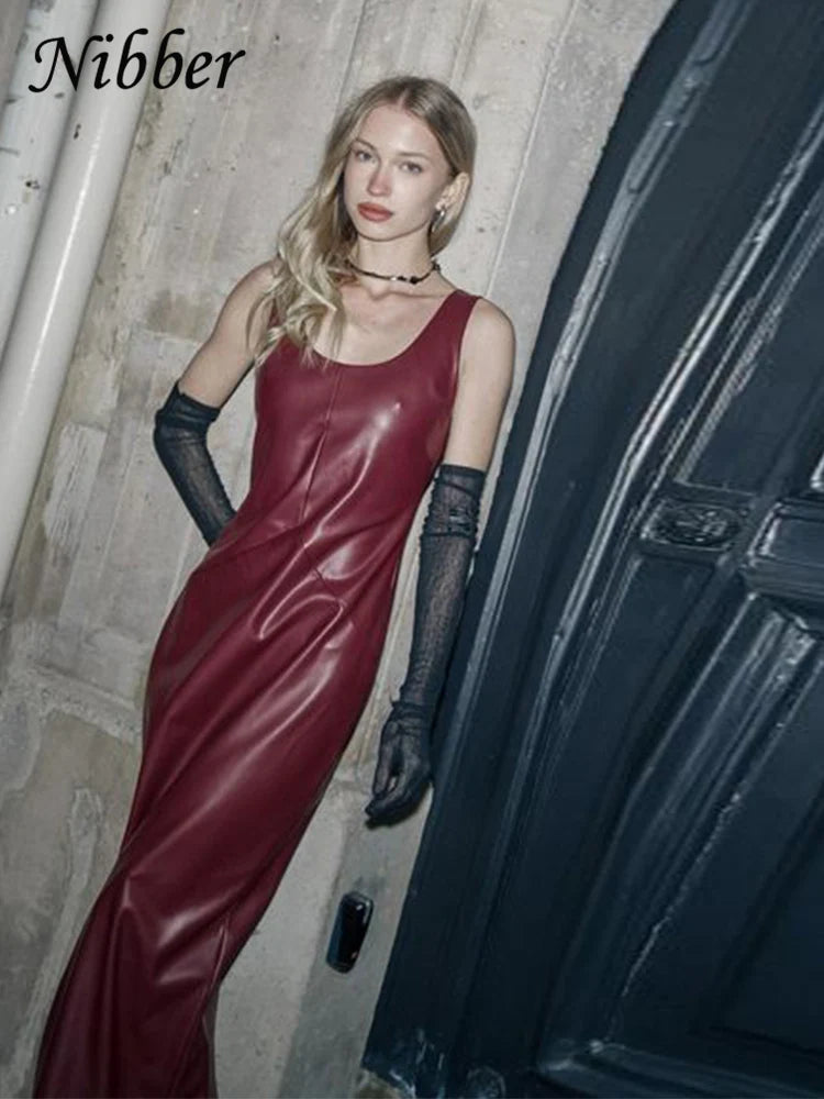 Nibber Vintage Elegant Dress Women Summer Leather Classic Sleeveless Slits Basic Simple Trend Solid Stretch Party Long Bodycon
