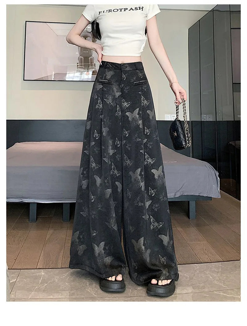 Zoki Bufferfly Print Satin Wide Leg Pant Women Loose Elegant Fashion High Waist Korean Trousers Casual Sweet High Quality Pants