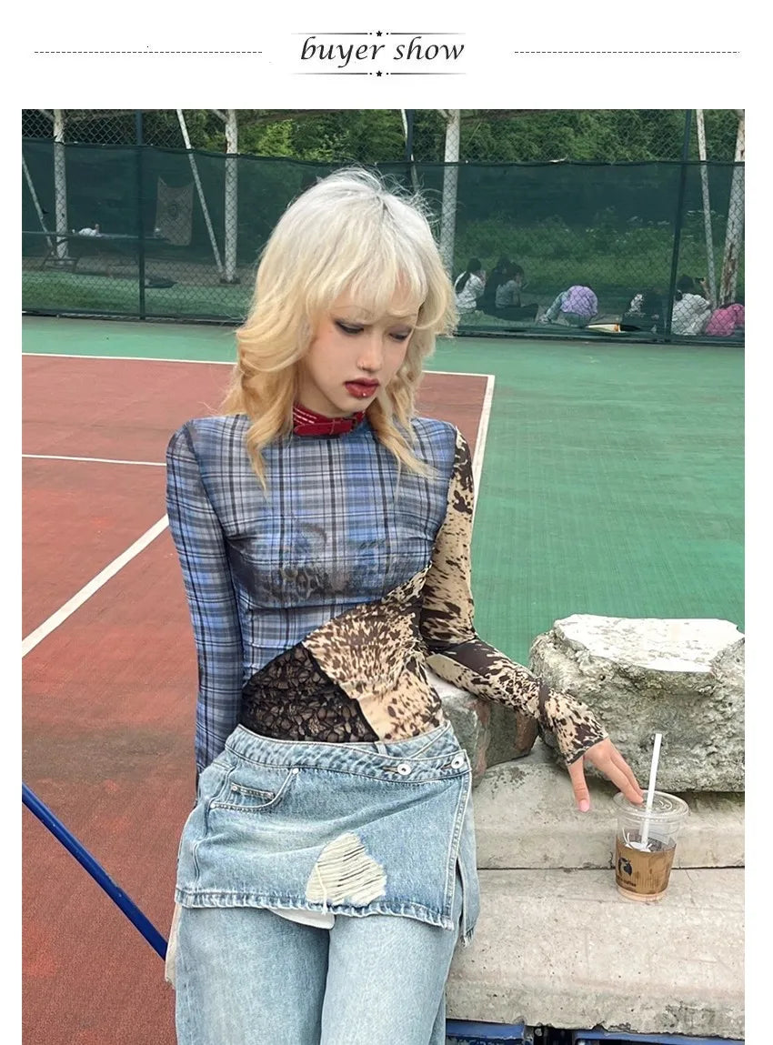 Karrram Japanese Y2k Patchwork Mesh Tops Trashy 2000s Lace Sheer Top Grunge Aesthetics Irregular T-shirt Vintage Harajuku Korean