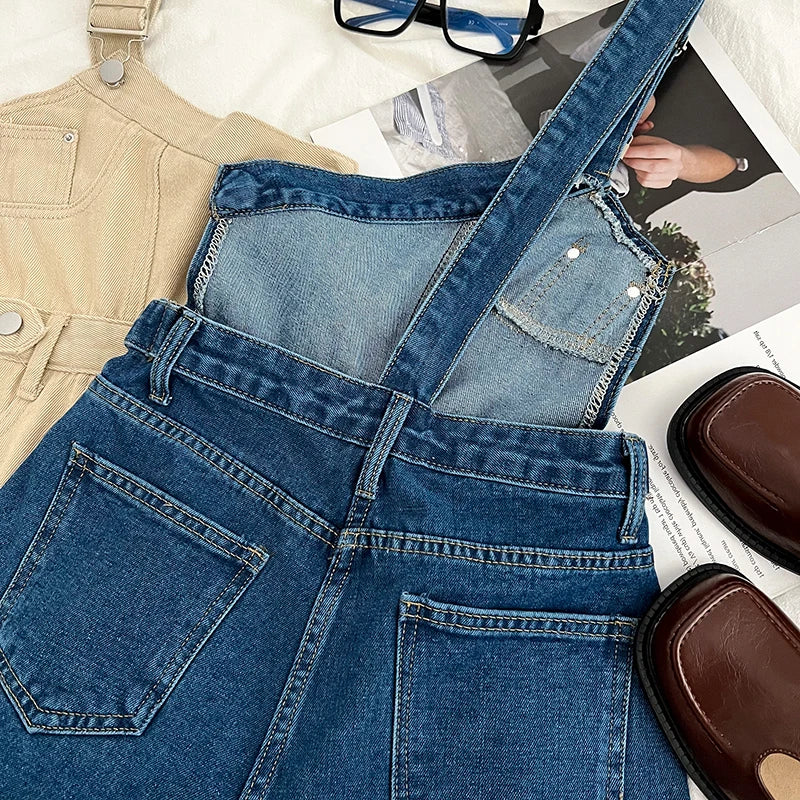 Casual Denim Jumpsuits Women Spring Summe Retro Short  Fashion  One-shoulder Wide Leg Pants 2024 New Cool Girls Streetwear