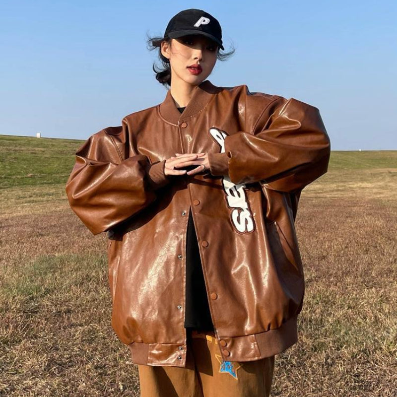 American retro letter embroidery leather Jacket Coat women's Y2K street hip-hop trend baseball suit couple casual leather jacket