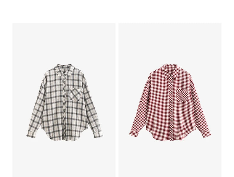 TOYOUTH Women Long Sleeve Blouse Shirt 2025 Spring New Cotton Plaid Retro Turn Down Collar Casual Shirt Tops