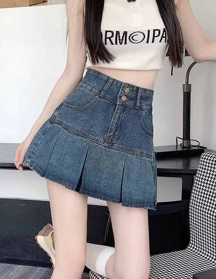 High Waist A-Line Pleated  Skirt Women's Denim ort Skirts Summer Design Slimming Belly Covering Korean Sle Cotton Blend