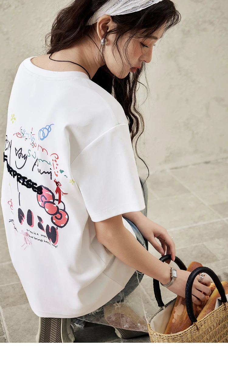 MISHOW Casual Graffiti T-shirt Women Summer 2025 Short Sleeve Round Neck Loose Shirts Female New Fashion Tops Lady MXE15T0475