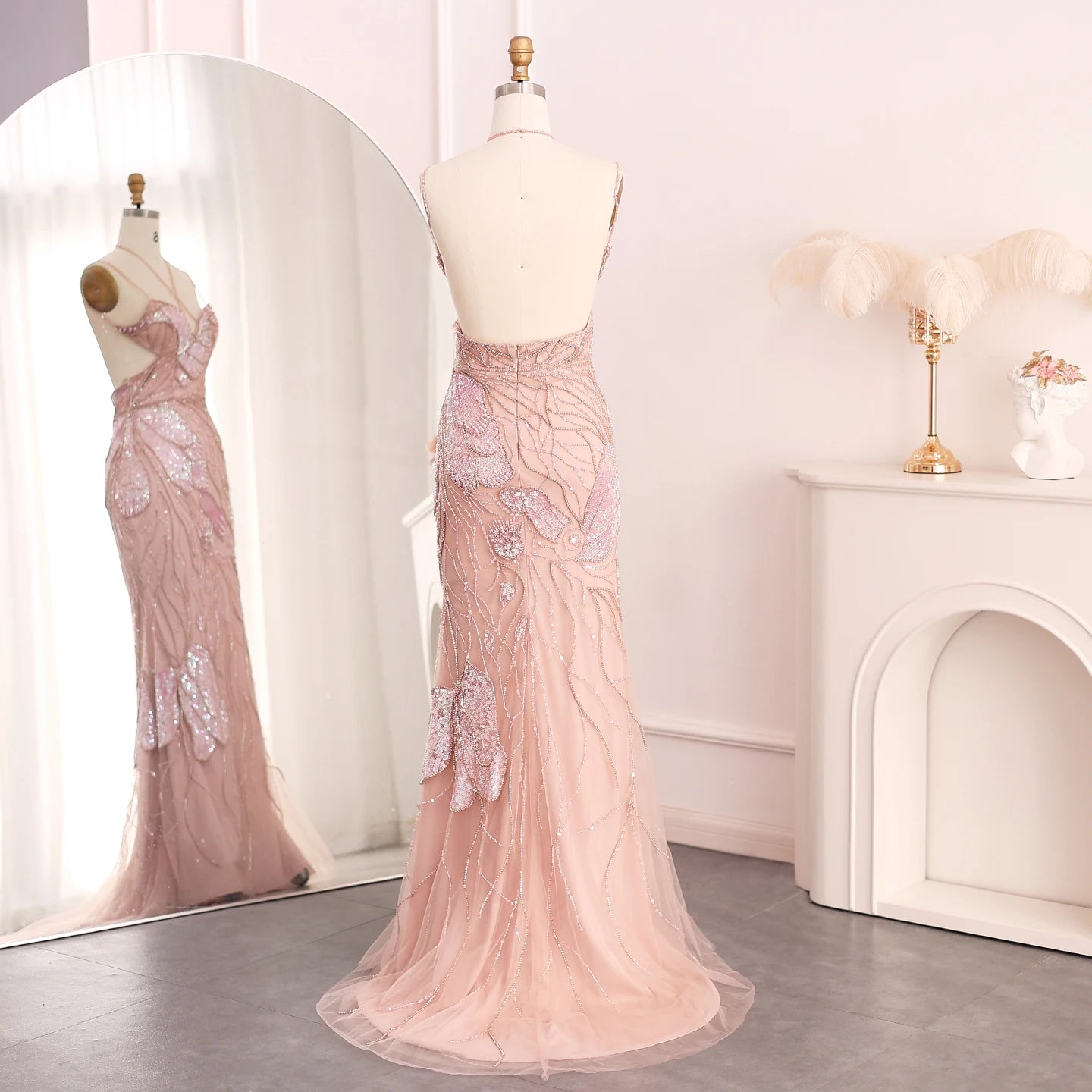 Sharon Said Luxury Mermaid Pink Evening Dresses with Feathers Scarf Straps Dubai Women Blue Wedding Prom Gowns SS478 Customized