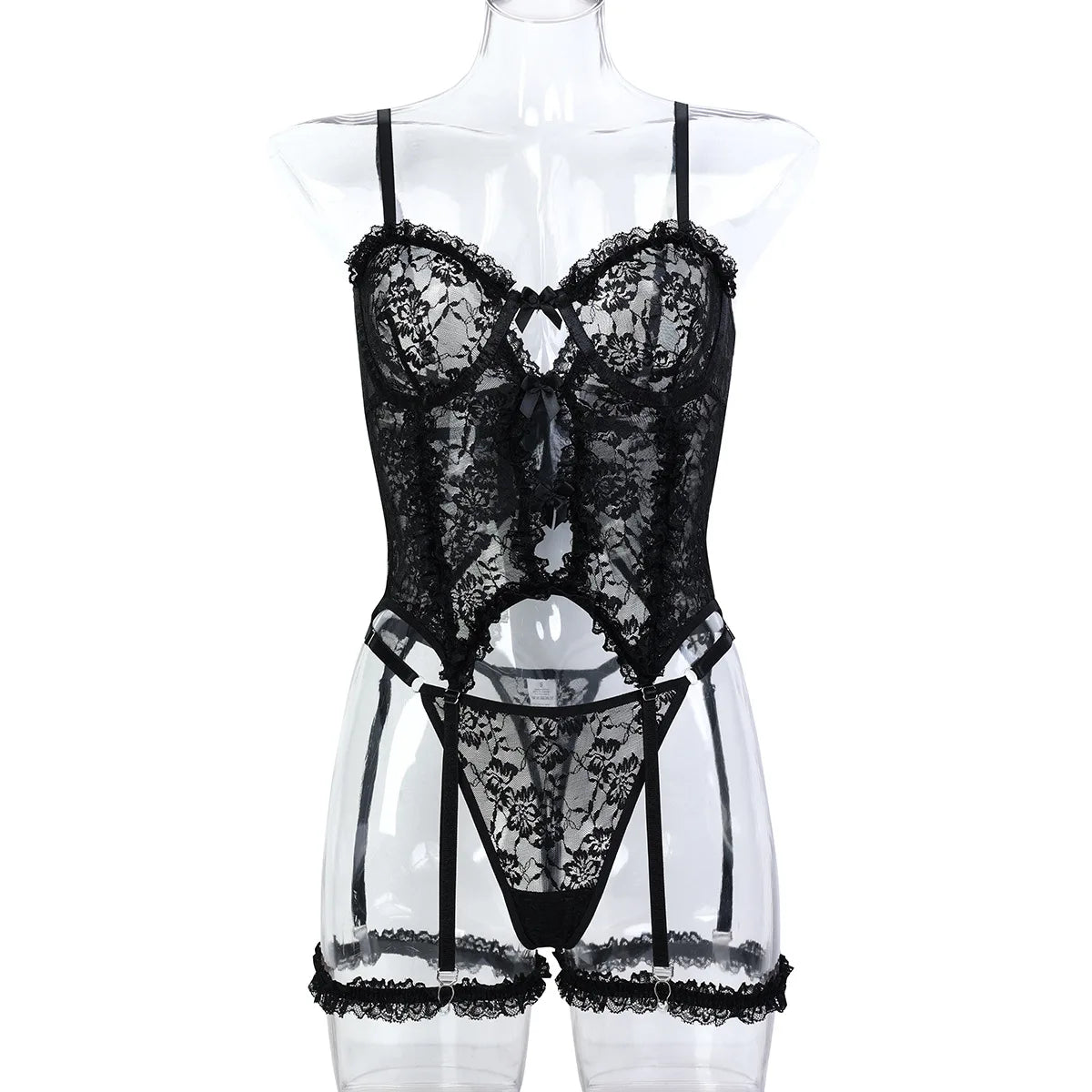 Sheer Pink Lingerie Set Frilled Lace Bralette Transparent High Waist Panty Garter Belt Bridal Romantic Seductive Underwear Women