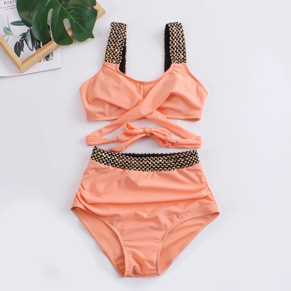 Cross High Waist Bikinis 2025 Women Black Swimwear Solid Swimsuit Female Beachwear Summer Bathers Bathing Suit Swimming