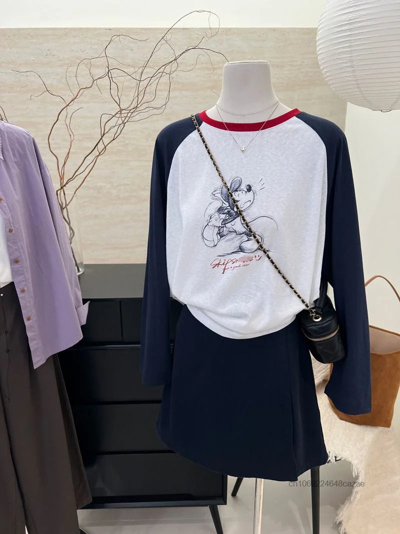 Cute Cartoon Mickey Mouse Long Sleeved T-shirt Korean Version Trend Simple Patchwork Tees Women's Autumn Slimming New Casual Top