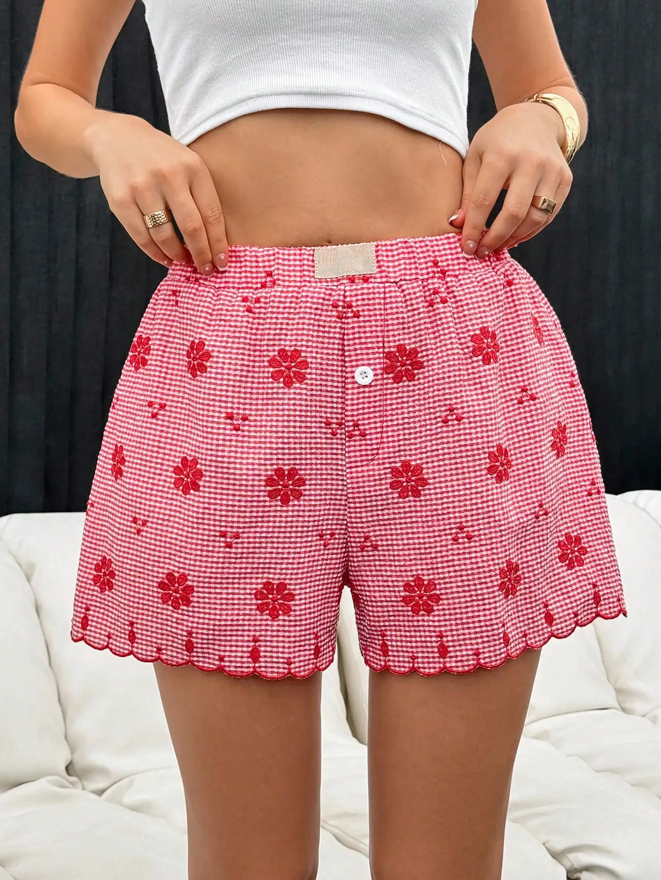 Women's Shorts Y2K High Waist Red 25 Spring Summer Plaid Button Front Ruffled Hem Casual Retro Beach Vacation Essentials